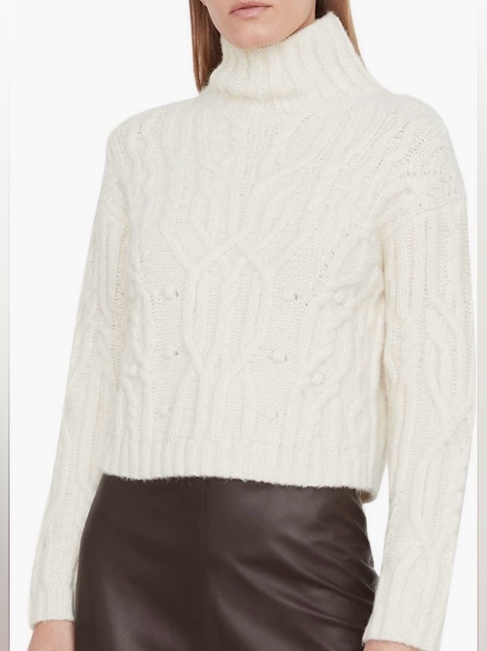 Vince Braided Cable Funnel/Turtleneck Alpaca Blend Sweater In Cream Size S